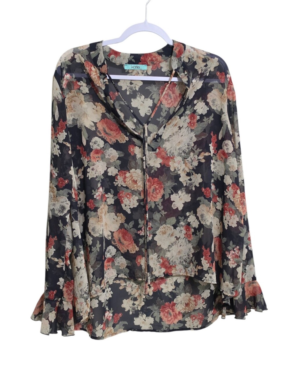 Vintage Y2K Navy Sheer Dark Floral Top L Ruffled Boho Whimsigoth Cottagecore